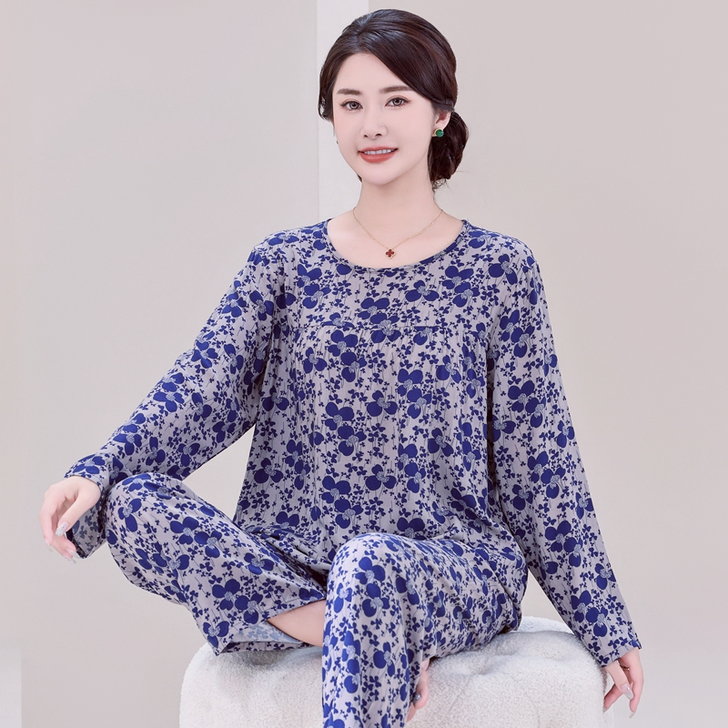睡衣女士棉绸妈妈长袖春秋季绵绸薄款套装加大码中老年人家居服夏