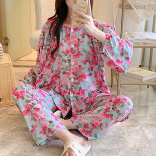 新款棉绸睡衣女士夏天人造棉空调月子家居服春秋长袖大码绵绸套装