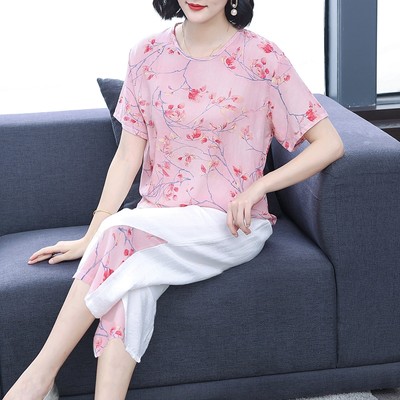 妈妈棉绸睡衣女中老年人造棉夏季棉麻短袖套装大码两件套家居服薄