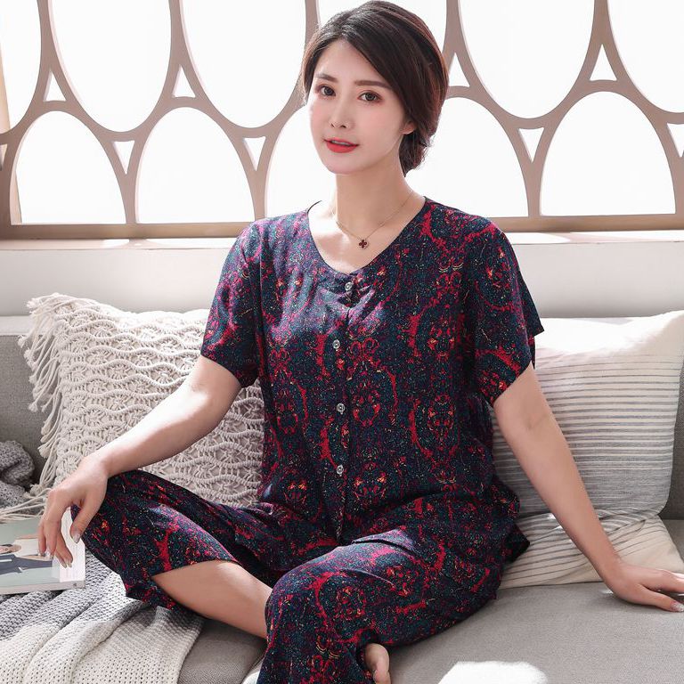 夏季中老年开衫绵绸睡衣短袖女士棉绸套装加大码妈妈装薄款家居服