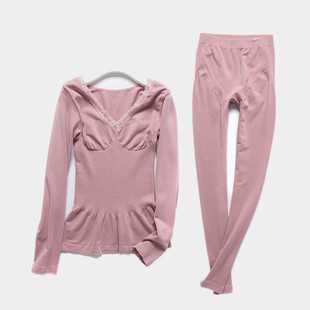 妇人托胸发热毛圈修身V领保暖套装无缝一体高弹力女打底内衣显瘦