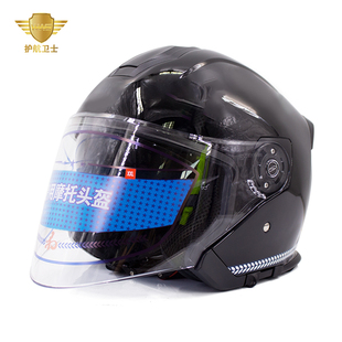 HW-142 专业铁骑头盔摩托车3C黑色亮面半盔防雾双镜片四分之三盔