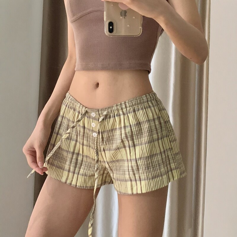 美式宽松格子低腰短裤女夏季系带松紧腰显瘦百搭居家休闲阔腿热裤