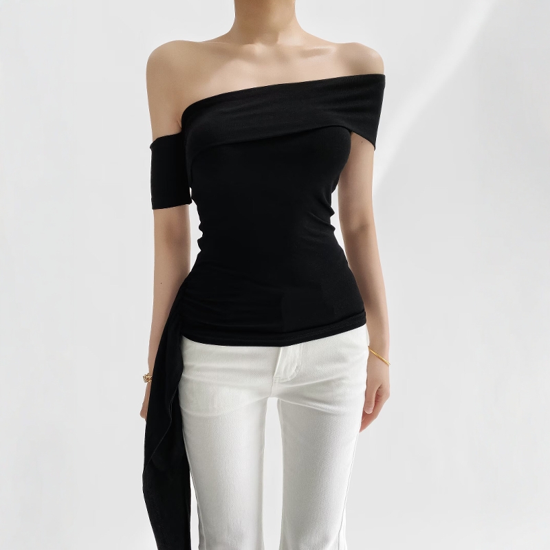 性感紧身飘带一字肩短袖T恤上衣