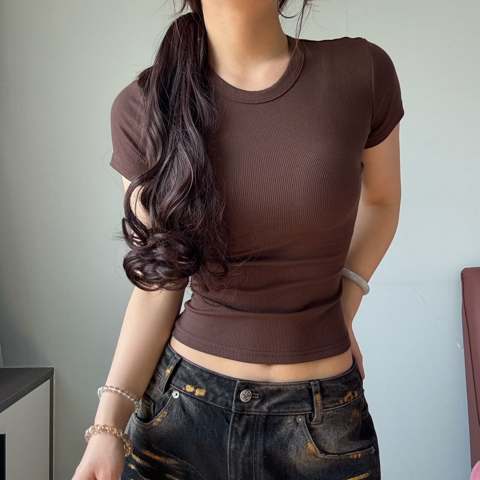 美式掐腰夏圆领短袖T恤女修身显瘦小个子纯色短款上衣打底衫潮图片