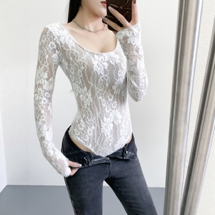 U领钩花蕾丝花边连体衣露背长袖打底衫女迷人镂空内搭上衣性感T恤
