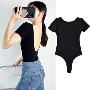 辣妹上衣大露背镂空欧美风短袖 T恤女 连体衣性感弹力螺纹上衣修身