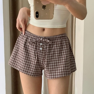 百搭显瘦松紧腰绑带居家休闲阔腿热裤 女夏季 宽松低腰格子短裤 美式