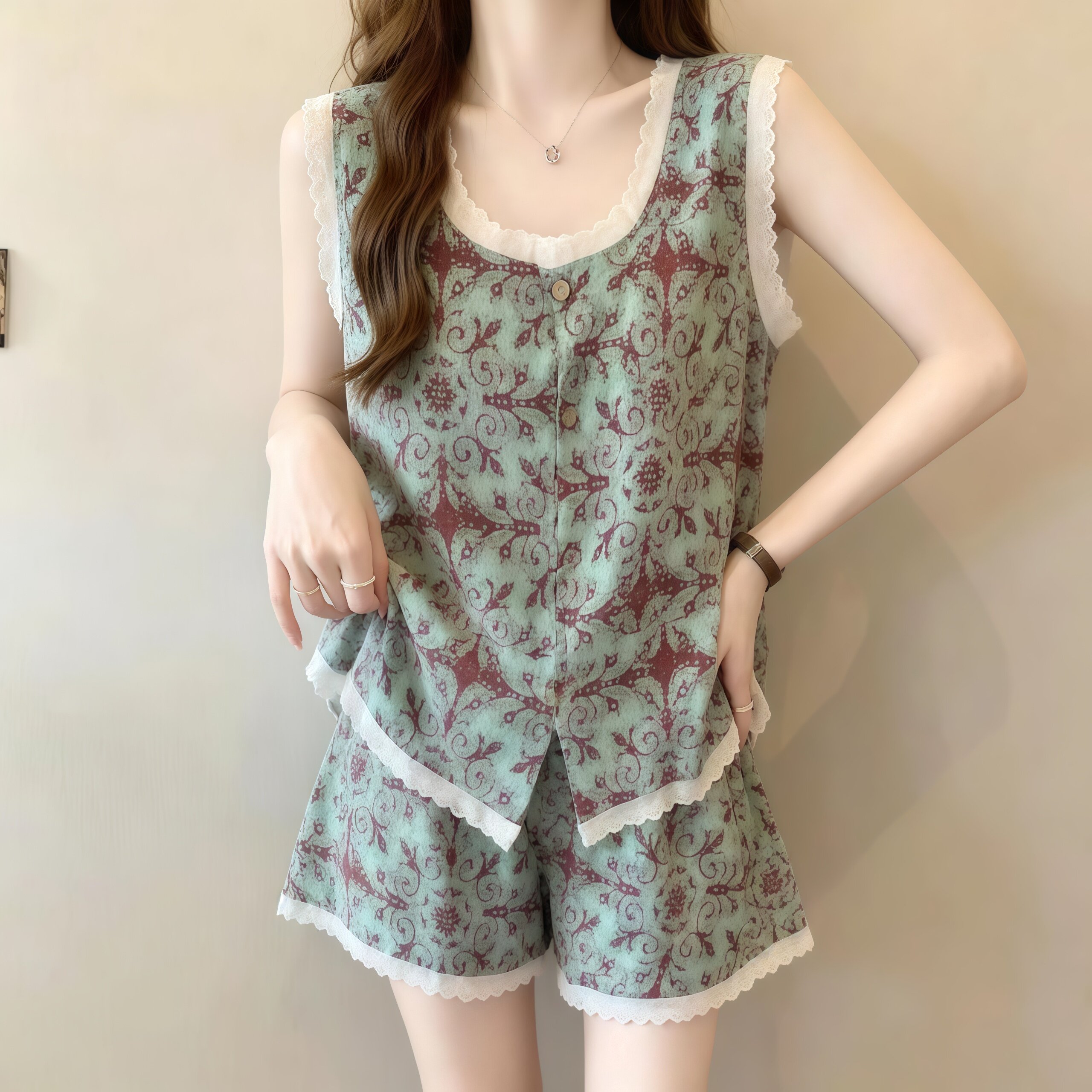 带胸垫防凸点背心短裤睡衣女士夏季可外穿休闲舒适无袖家居服套装