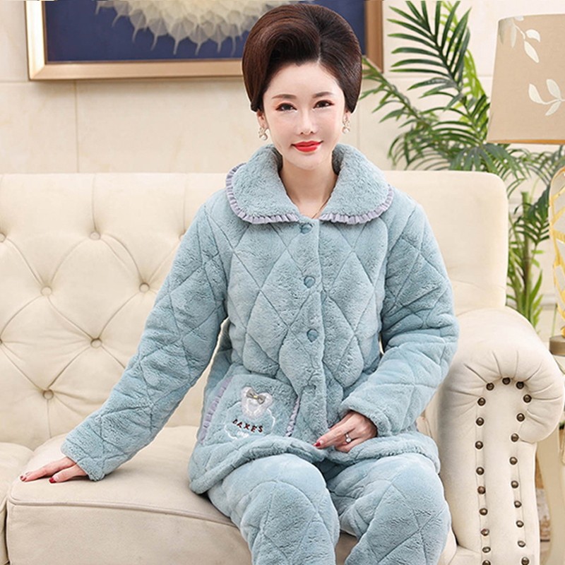 新款女士睡衣冬季三层加厚珊瑚绒夹棉中年妈妈加绒法兰绒保暖套装