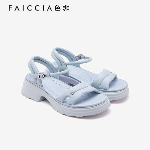色非松糕底增高一字带羊皮女凉鞋