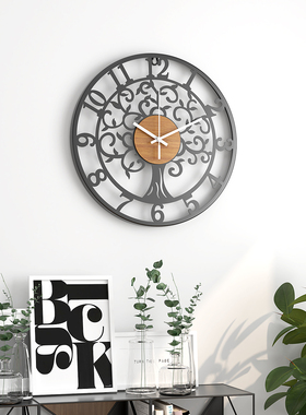 发财树北欧简约铁艺挂钟客厅装饰树形镂空设计静音墙钟