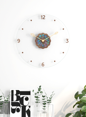 简约现代木质挂钟圆形贝壳装饰玻璃表盘客厅卧室装饰钟表