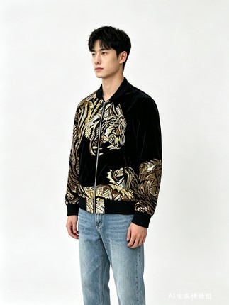 Balmain男士重磅鳞片钉珠老虎夹克棒球服外套时尚百搭休闲上衣
