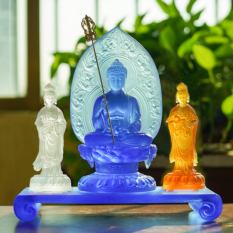 琉璃东方三圣佛像供奉家用桌面摆件日光月光菩萨药师佛装饰工艺品