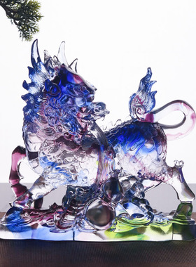 珍悦古法琉璃麒麟摆件公母一对