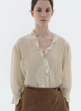 【现货】韩国viaplain木耳边v领衬衣简约温柔风系扣半袖衬衫