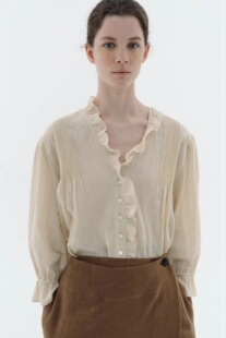 【现货】韩国viaplain木耳边v领衬衣简约温柔风系扣半袖衬衫