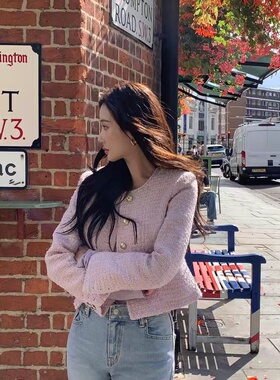 riveroom韩国小香风金扣外套气质温柔风粗花呢圆领短款夹克女