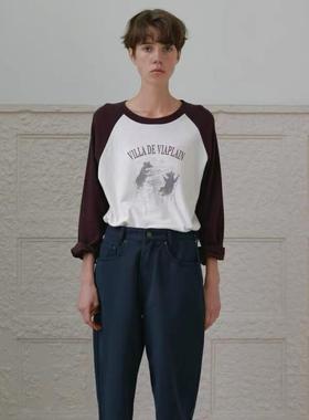 viaplain韩国小熊印花T恤可爱减龄撞色插肩袖宽松圆领套头上衣女