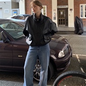 简约中线设计休闲直筒长裤 韩国ribbonbit水洗牛仔裤 秋冬新款