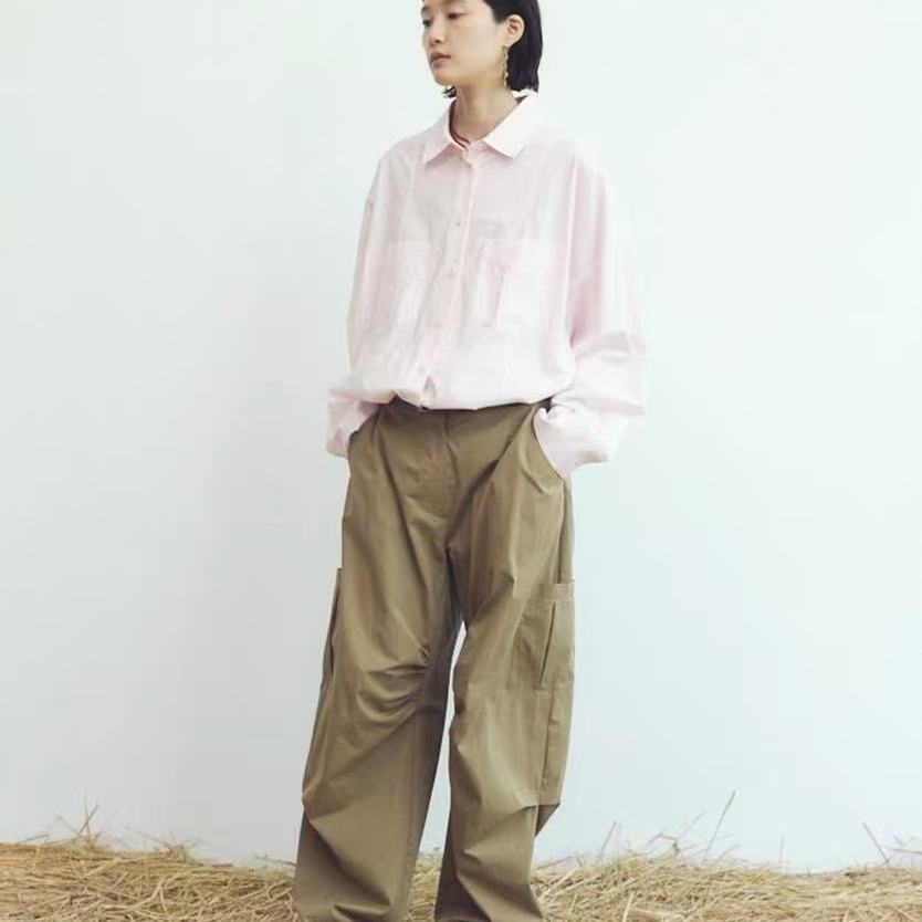 ETHOS韩国工装裤2025年新款休闲极简风两侧口袋设计高腰阔腿长裤