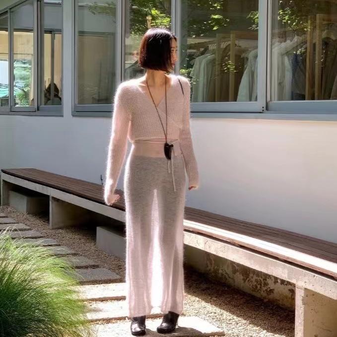 monoha绑带针织开衫吊带长裙套装