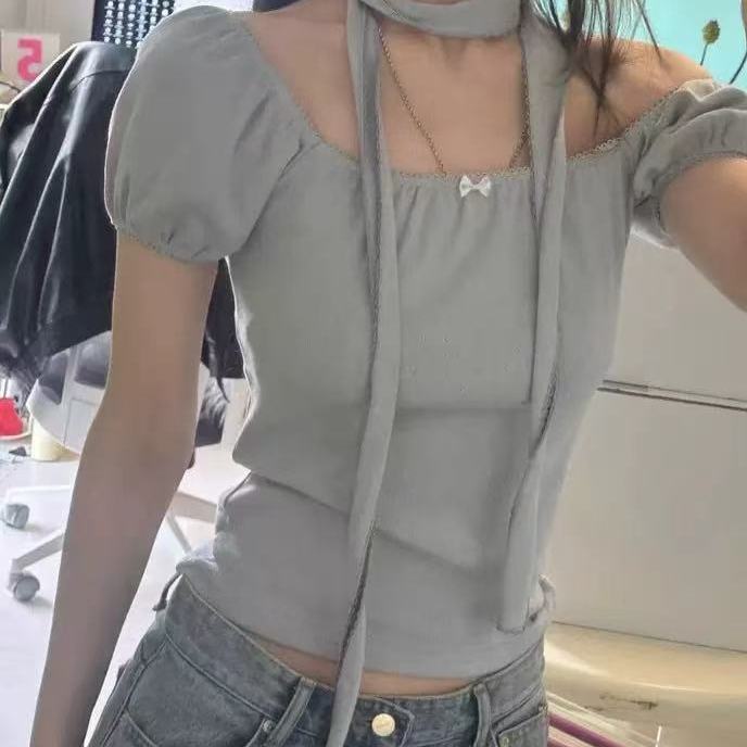 fletta韩国衬衫法式温柔风方领蝴蝶结系带设计露肩泡泡袖上衣女