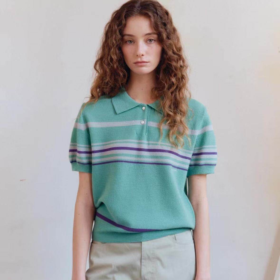 sienne韩国针织衫2025年新款法式休闲百搭条纹撞色翻领短袖上衣