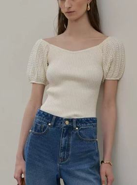 Elborn韩国针织衫2025年新款休闲百搭坑条肌理泡泡袖设计短袖上衣