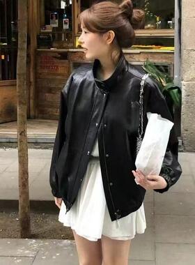 OUNCE韩国立领皮衣外套休闲复古慵懒系扣拉链宽松短款羊皮夹克女