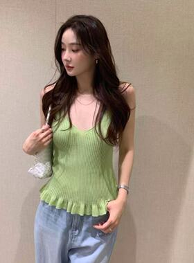 MOVENNE韩国针织吊带背心法式慵懒清新休闲荷叶边V领无袖上衣女