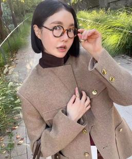 韩国helder羊毛呢子外套气质复古高级感宽松廓形金扣西服外套