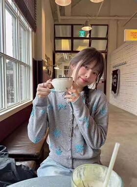 atelier edition韩国圆领针织开衫百搭刺绣前排扣设计长袖上衣女