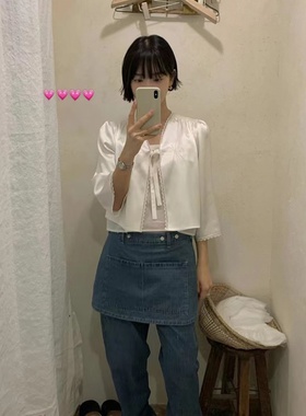 韩国viaplain缎面绑带衬衣开衫慵懒纯欲风刺绣花边薄款短外套