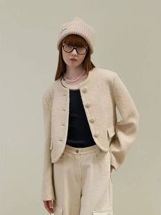 韩国marron edition毛呢短款外套气质圆领小香风羊毛开衫外套