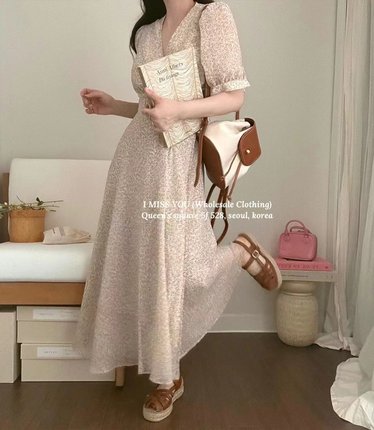 【现货】韩国imissyou交叉绑带碎花长裙气质v领收腰连衣裙女