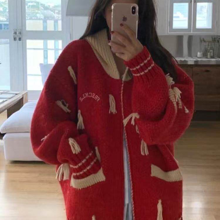 【现货】freckle韩国流苏拼接毛衣外套宽松拼色拉链领针织开衫女