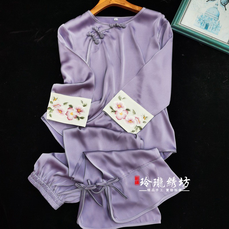 苏绣刺绣真丝盘扣家居服中国风醋酸缎丝绸套装本命年睡衣娘娘寝衣