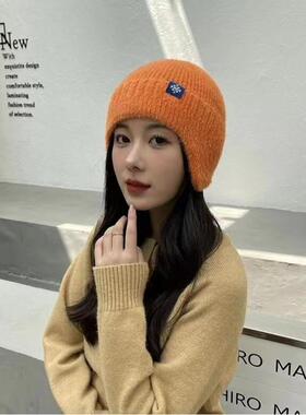 新款帽子女冬季厚毛线帽时尚耳包护耳毛边条纹针织包头帽显脸小