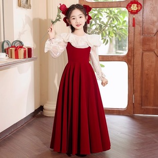 红色公主裙女童高端礼服秋冬长袖儿童主持人小花童婚礼指挥演出服