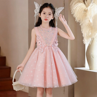 粉色女童礼服2026新款春季儿童生日公主裙大童洋气连衣裙网纱童装