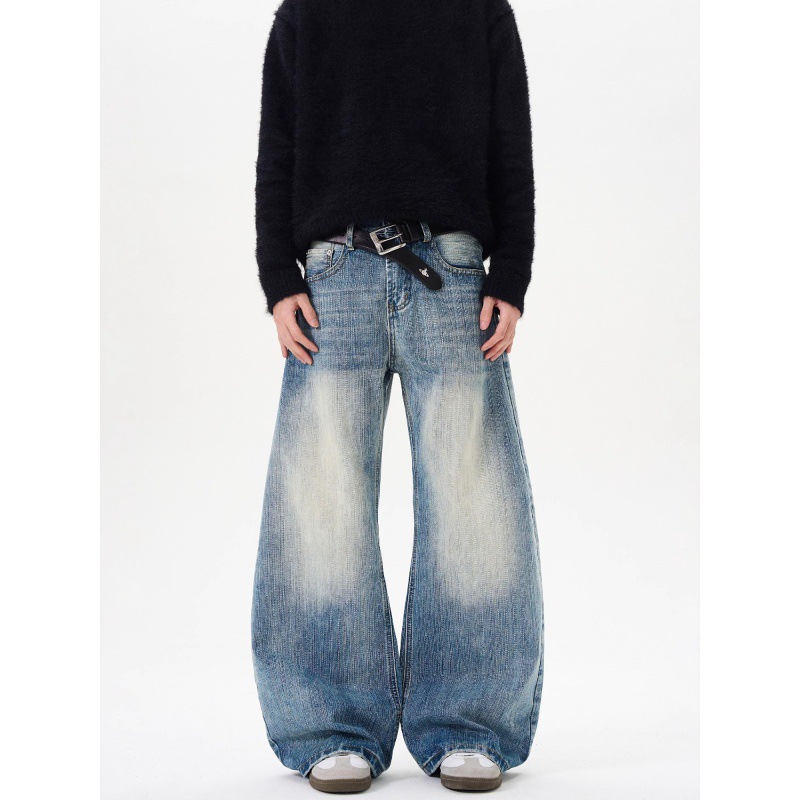 美式复古cleanfit做旧水洗竹节弯刀牛仔裤男女高街廓形宽松休闲裤