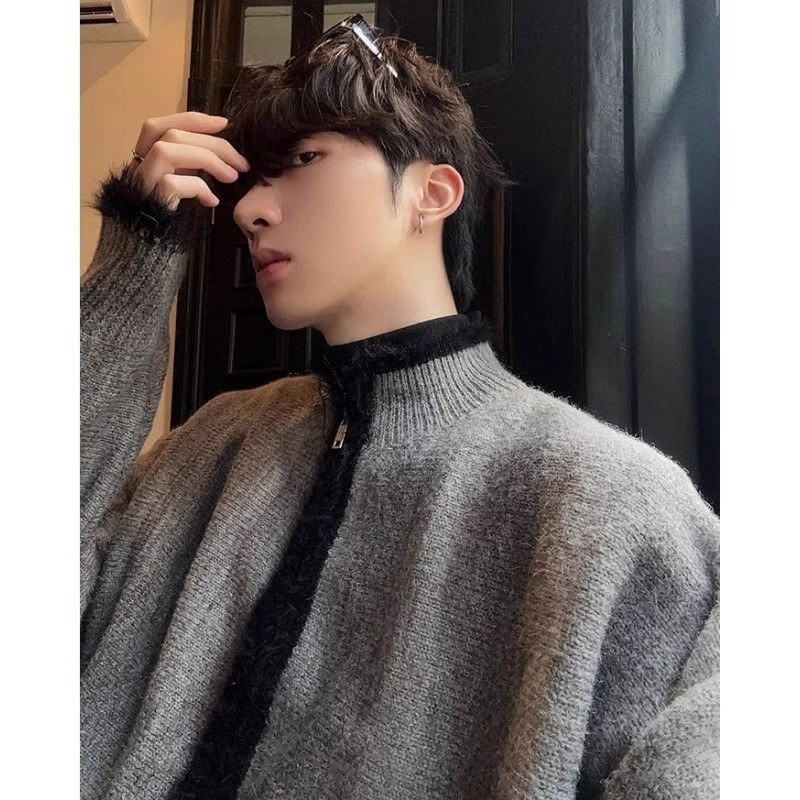 秋季韩系老钱风毛边开衫外套男氛围感小众毛衣撞色cleanfit针织衫