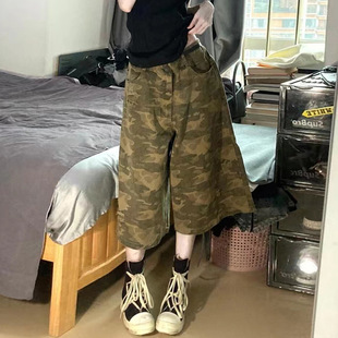 DDNX美式复古迷彩工装七分短裤男女款宽松休闲阔腿显瘦直筒破洞