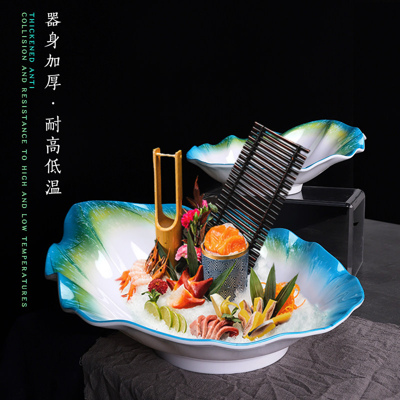 创意海鲜盘三文鱼刺身盘密胺料理拼盘自助餐摆盘酒店意境菜干冰盘