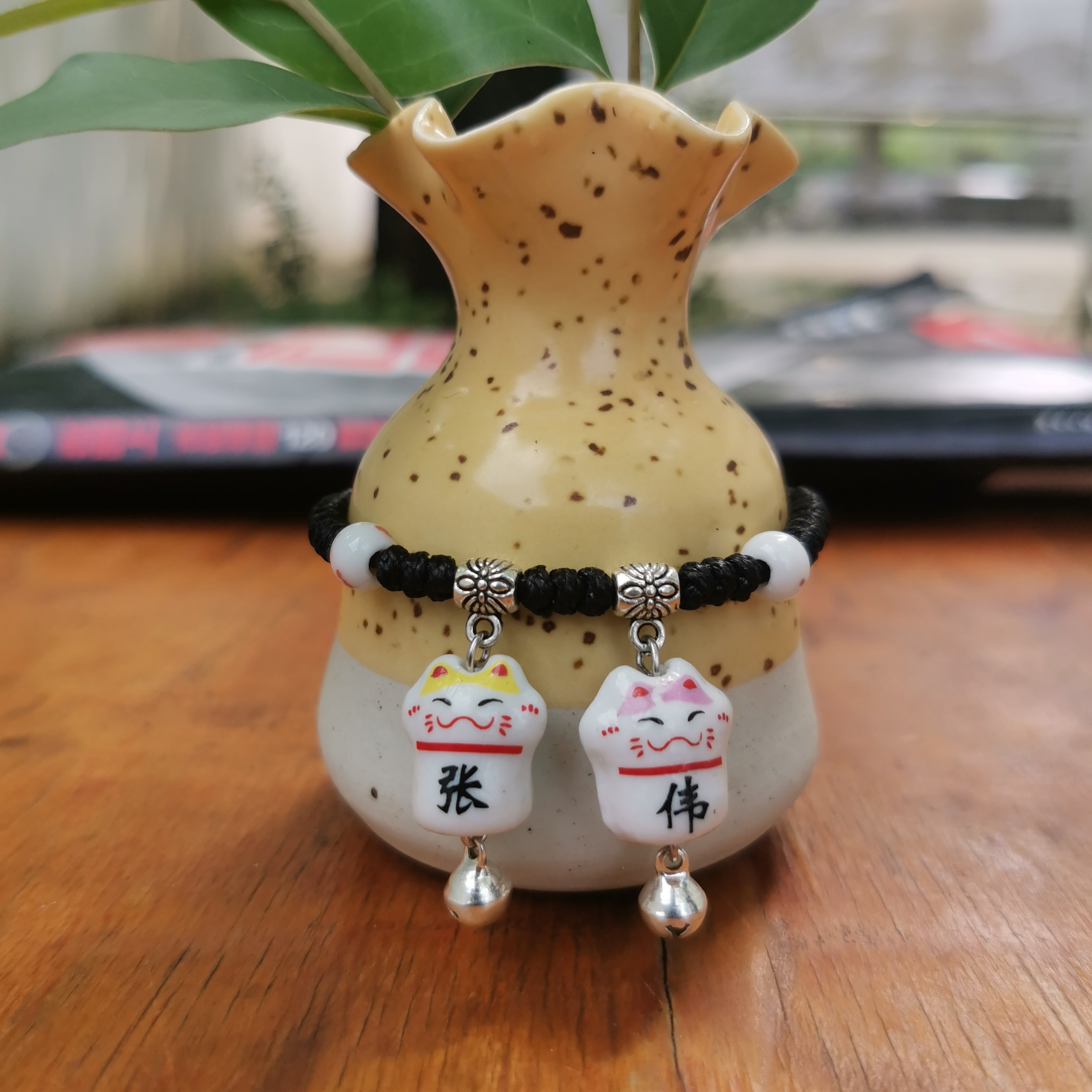 幸运猫刻名字定制姓名链陶瓷招财猫情侣手链脚链送同学闺蜜礼品