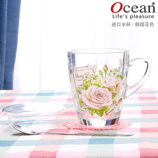 进口Ocean韩国烤花玻璃开水带把咖啡杯子无铅耐高温牛奶马克喝热A