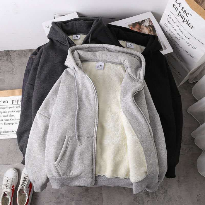 Off camera autumn and winter lambs wool loose Plush thickened hooded oversized cardigan top