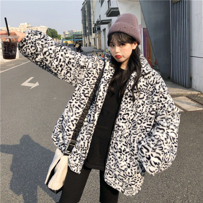 New composite leopard pattern plush plush coat female standing collar cardigan coat